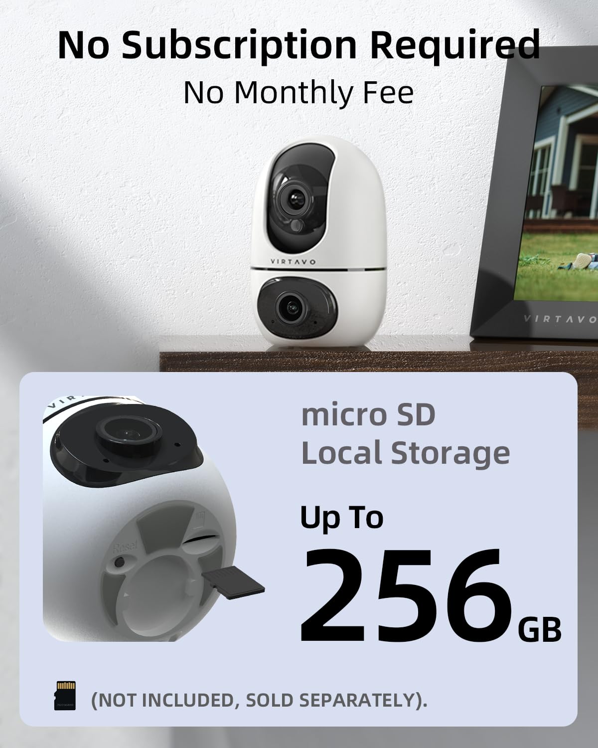 VIRTAVO XD1 Indoor Security WiFi Camera, No Subscription Required, Dual-Lens 360° PTZ Baby Monitor & Pet Cam, Motion Tracking, 2-Way Audio, Night