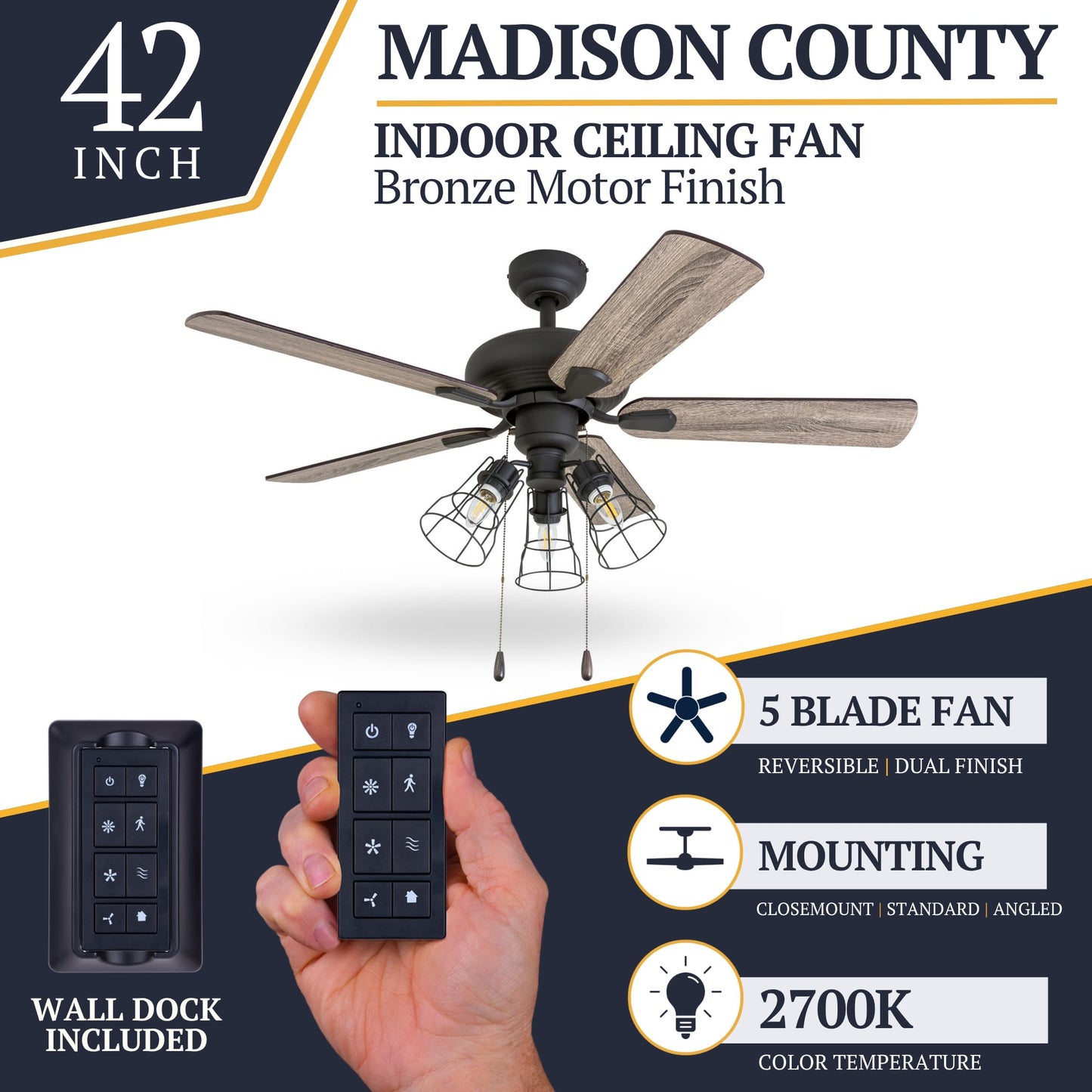 Prominence Home Madison County, 42 Inch Industrial Style LED Ceiling Fan with Light, Remote Control, Three Mounting Options, Modern Dual Finish