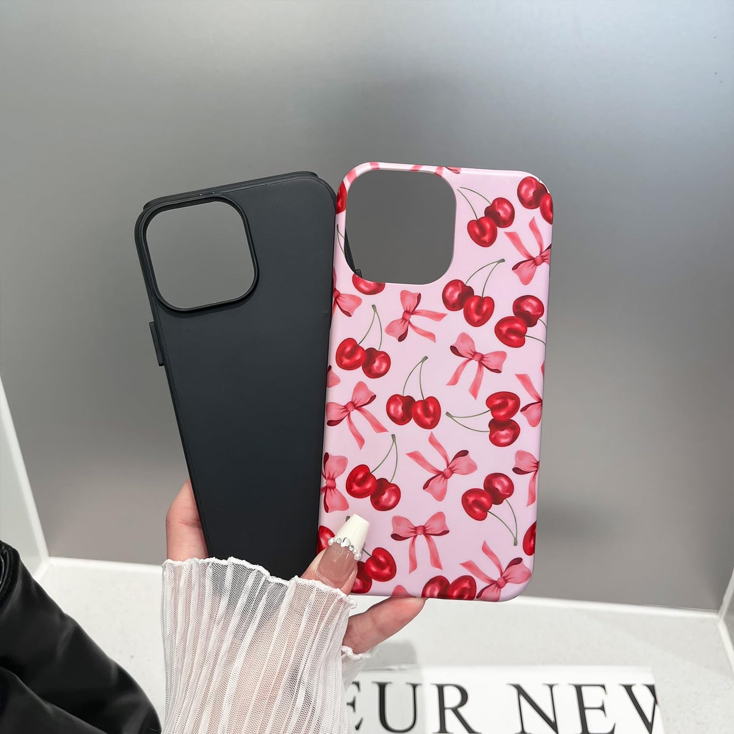 branple Compatible with iPhone 12 Pro Max Case,Cute Pink Cherry Bow Pattern with Shockproof Slim Soft TPU and Hard PC Protective Cover for Women