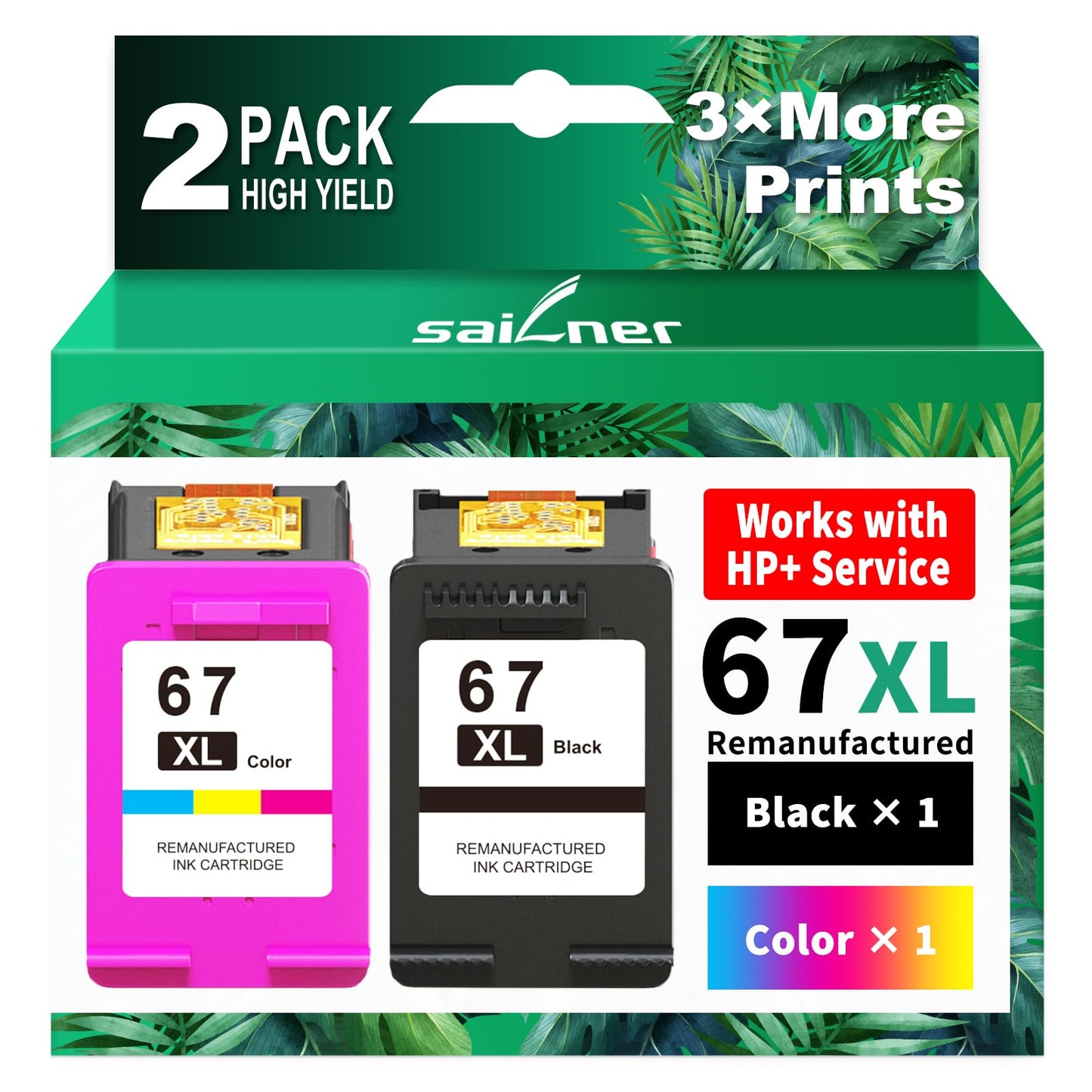 SAILNER 67XL Ink Cartridges Black/Color Combo Pack Replacement for HP Ink 67 HP67XL (2-Pack High Yield) Compatible with HP DeskJet 2755e 2855e 2700e