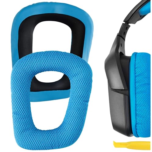 Geekria Mesh Fabric Replacement Ear Pads for Logitech G930, G430, G432, G332, G35, F450 Headphones Ear Cushions, Repair Parts with Video Guide (Blue)