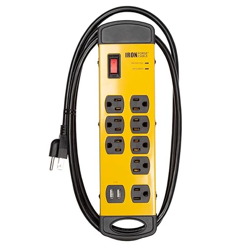 Iron Forge Cable 8 Outlet Heavy Duty Surge Protector Power Strip with Built-in Circuit Breaker, 14/3 SJT Black & Yellow with 6 ft Extension Cord