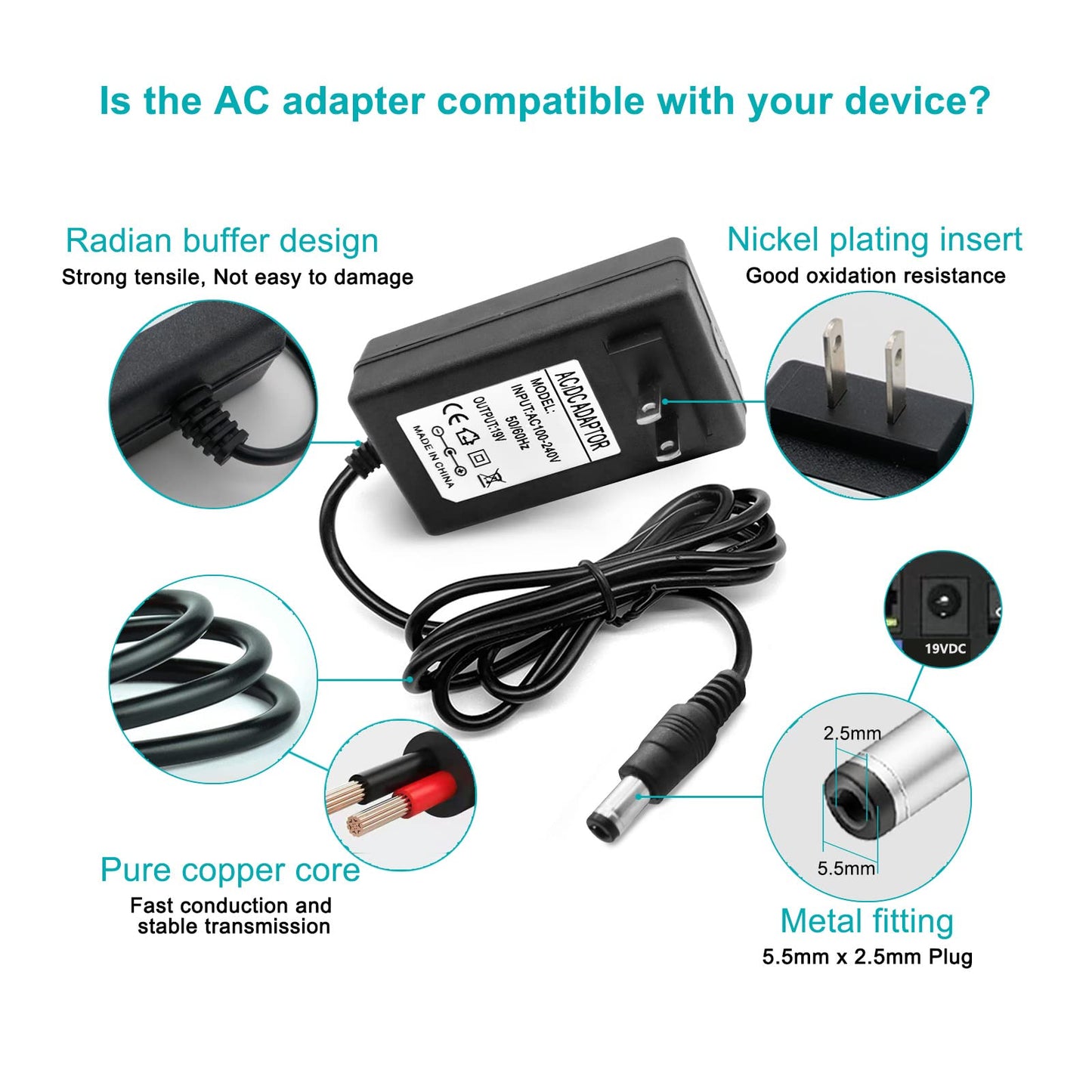 19V 2.1A 2A 40W AC Adapter Wall Charger Universal DC in 19V Power Supply Cord with 8 Tips Barrel 19 Volts 2 Amps 2000mA Compatible HP,Harman Kardon…