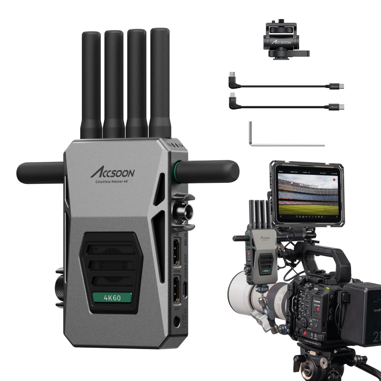 Accsoon CineView Master 4K Wireless Video Transmitter, 4K60/1080p60 2.4+5+6GHz Tri-Band 8202 ft Range 25ms Latency SDI&HDMI Video Transmission System