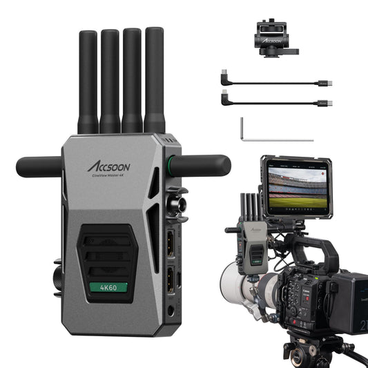 Accsoon CineView Master 4K Wireless Video Transmitter, 4K60/1080p60 2.4+5+6GHz Tri-Band 8202 ft Range 25ms Latency SDI&HDMI Video Transmission System