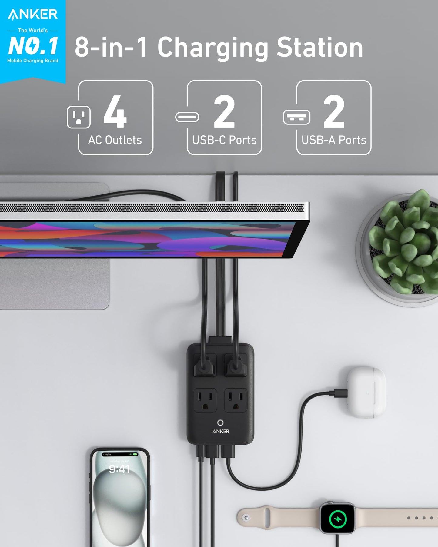 Anker Charging Station, 20W Max 8-in-1 USB-C Power Strip for iPhone 15/14 and MacBook Air/Pro, 5 ft Thin Cord with 4 AC, 2 USB-A, and 2 USB-C Ports