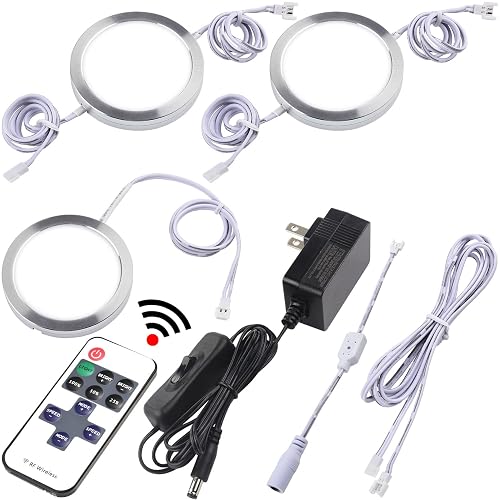 Lvyinyin Under Counter Lights, Curio Cabinet LED Puck Lighting, 110V Wall Plugged in, Wireless RF Remote Control Dimmable, Daisy Chained Linkable, Dia
