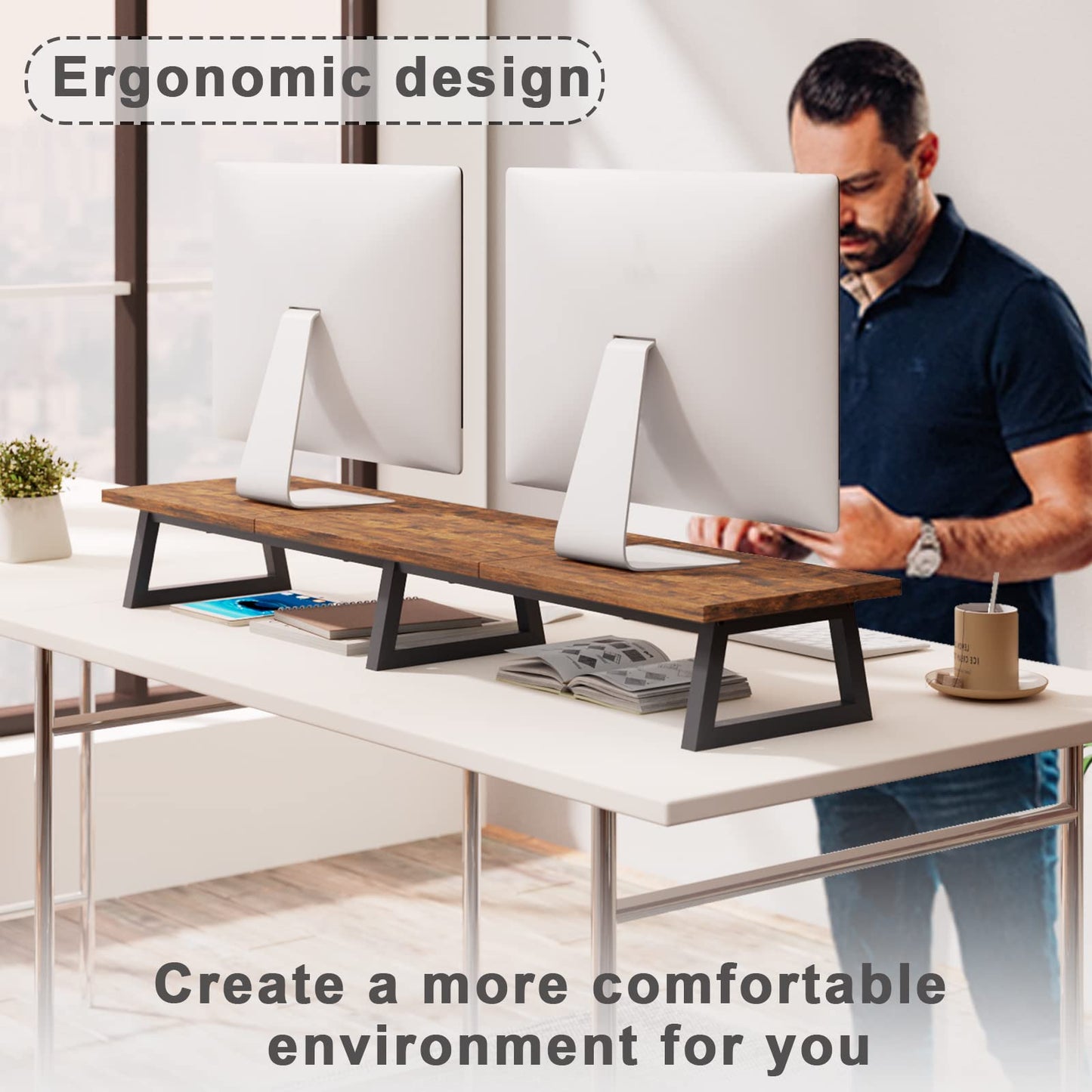 TEAMIX 42 inch Large [Dual] [Monitor] [Riser],Rustic Brown Extra Long TV [Stand Wood & Steel Desktop [Riser] with Storage for [Dual] Screen Office