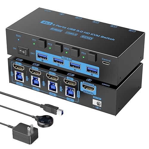8K HDMI KVM Switch 4 Computers Sharing 1 Monitor, ANXQQ EDID Function KVM Switch HDMI 4 Port 8K@60Hz 4K144Hz for 4 USB Devices, Keyboard Mouse Switch