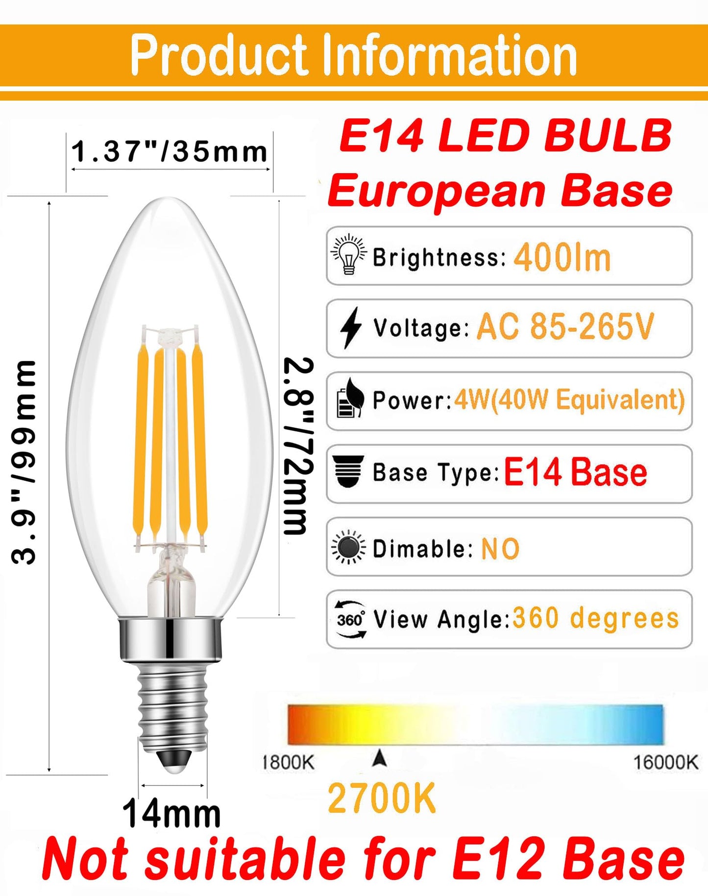 Lamsky E14 Base LED Filament Candle Shape Light Bulb,E14 European Base Bulb,Warm White 2700K 400LM 40W Equivalent,C35 Clear Glass Torpedo Shape Bullet