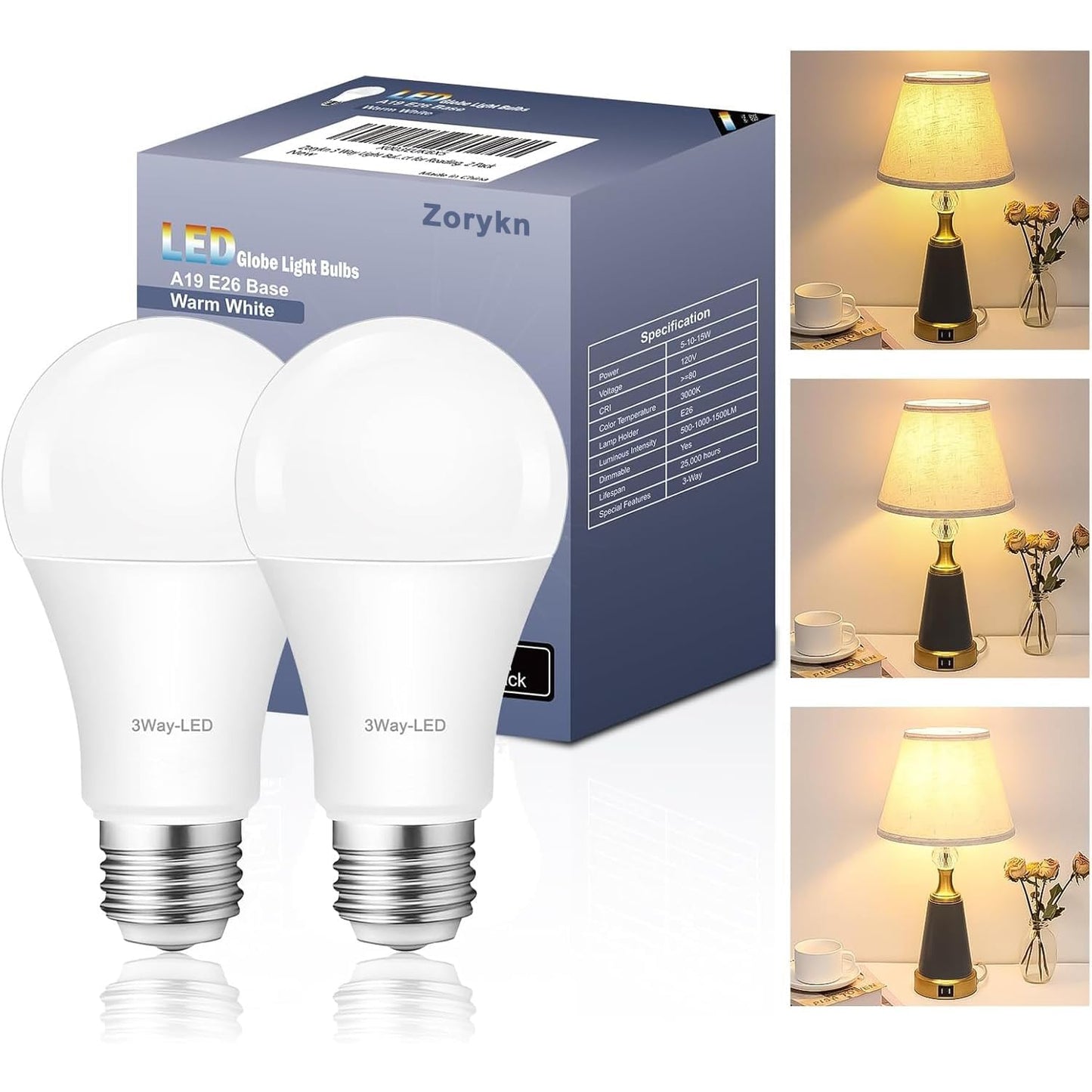 Zorykn 3 Way Light Bulbs 50 100 150 Warm White, E26 Medium Base,2 Pack