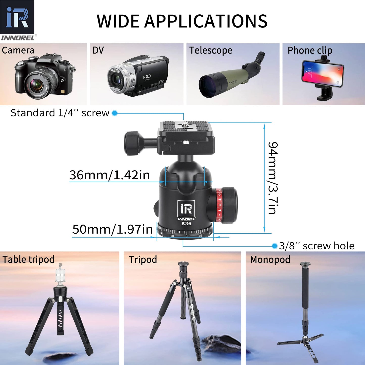 36mm Tripod Ball Head Universal Ballhead INNOREL K36 CNC Aluminum Alloy Professional Structure with Two 1/4" Screw Arca Swiss Quick Release Plates Max