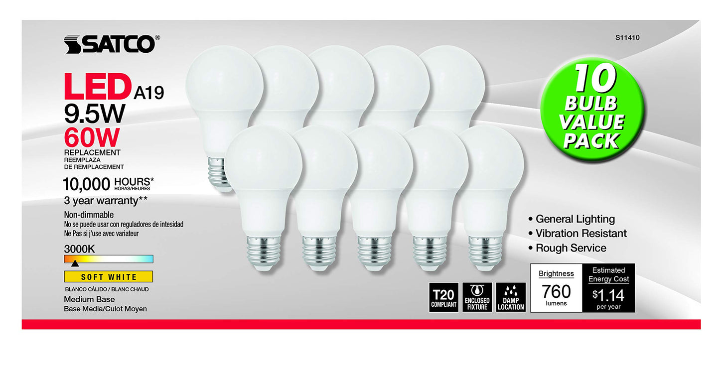 Satco S11410, A19 LED Light Bulbs, 60W Replacement, 3000K, 10-Pack