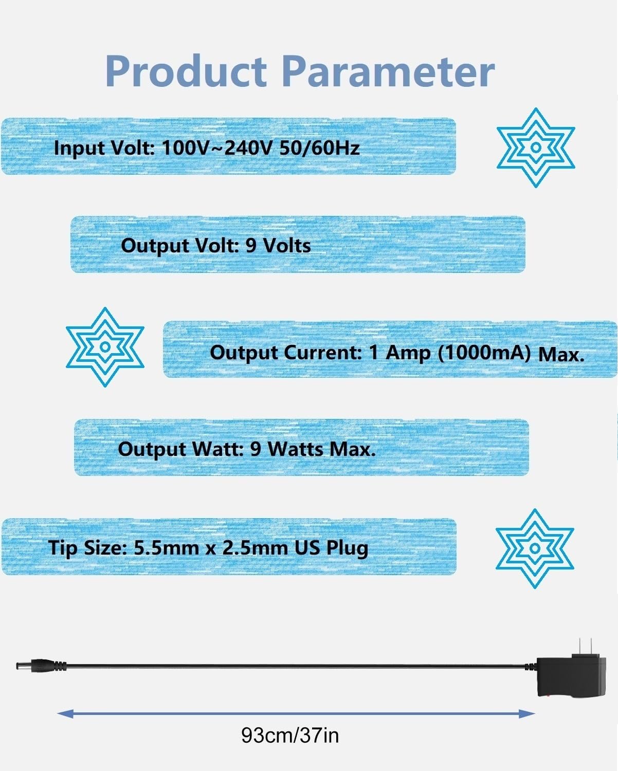 9V DC Power Adapter 1A Power Supply, DC 9V Power Cord, 9Volt 1000mA DC Adapter, Cord Plug 5.5mm x 2.5mm [The Polarity of Output tip: Tip Positive (+)]