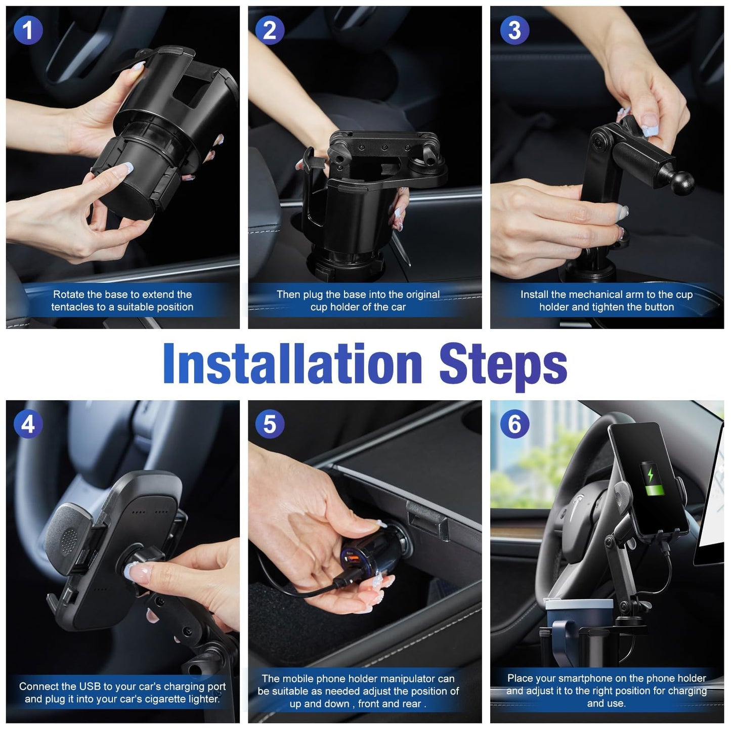 This Hill Cup Holder Phone Charger, 15W Fast Charging Auto Clamping, Phone Holder for Cup Holder Charger with Adjustable Base & 360° Rotation