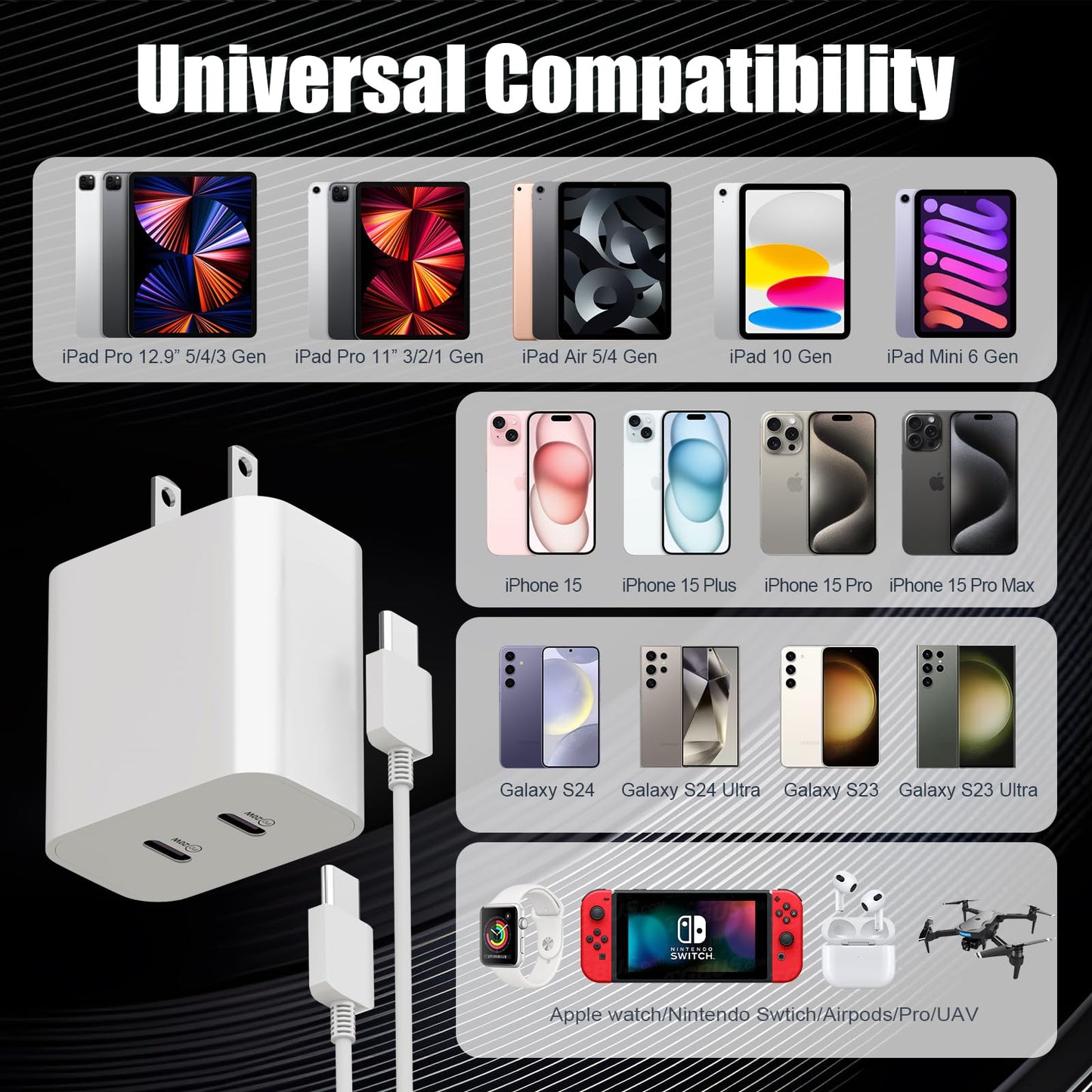 USB C Charger for i-Phone 16 Fast Charging 2-Pack 20W 2in1 Dual Port USB Charger Block with 10FT Long USB C to C Charging Cable for i-Phone 16/16