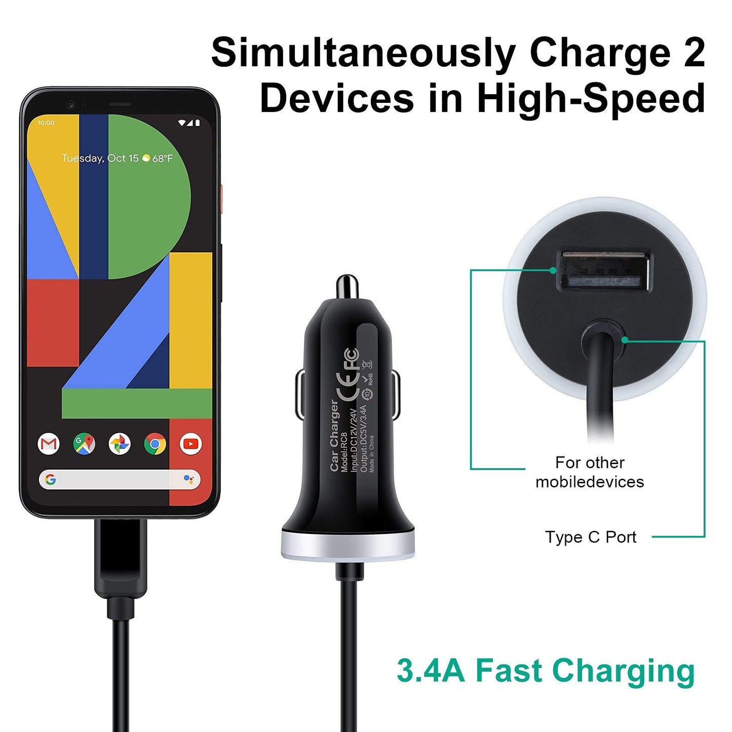 Type C Car Charger Fast Charging Cigarette Lighter Adapter for Samsung Galaxy S25 S24 S23 S22 S21 Ultra 5G S20 FE Note 20,A13 A14 A15 A53 A54, Google