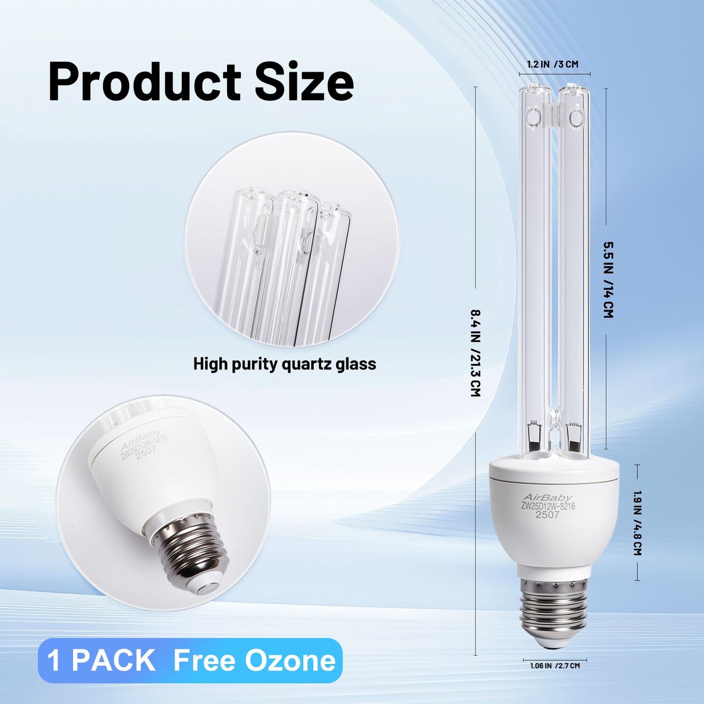 AIRBABY 25 watt Replacement ÜVC Light Bulb Ozone Free,254nm Weavelength ÜV-C lamp for Basement E26 Base (1 Pack)
