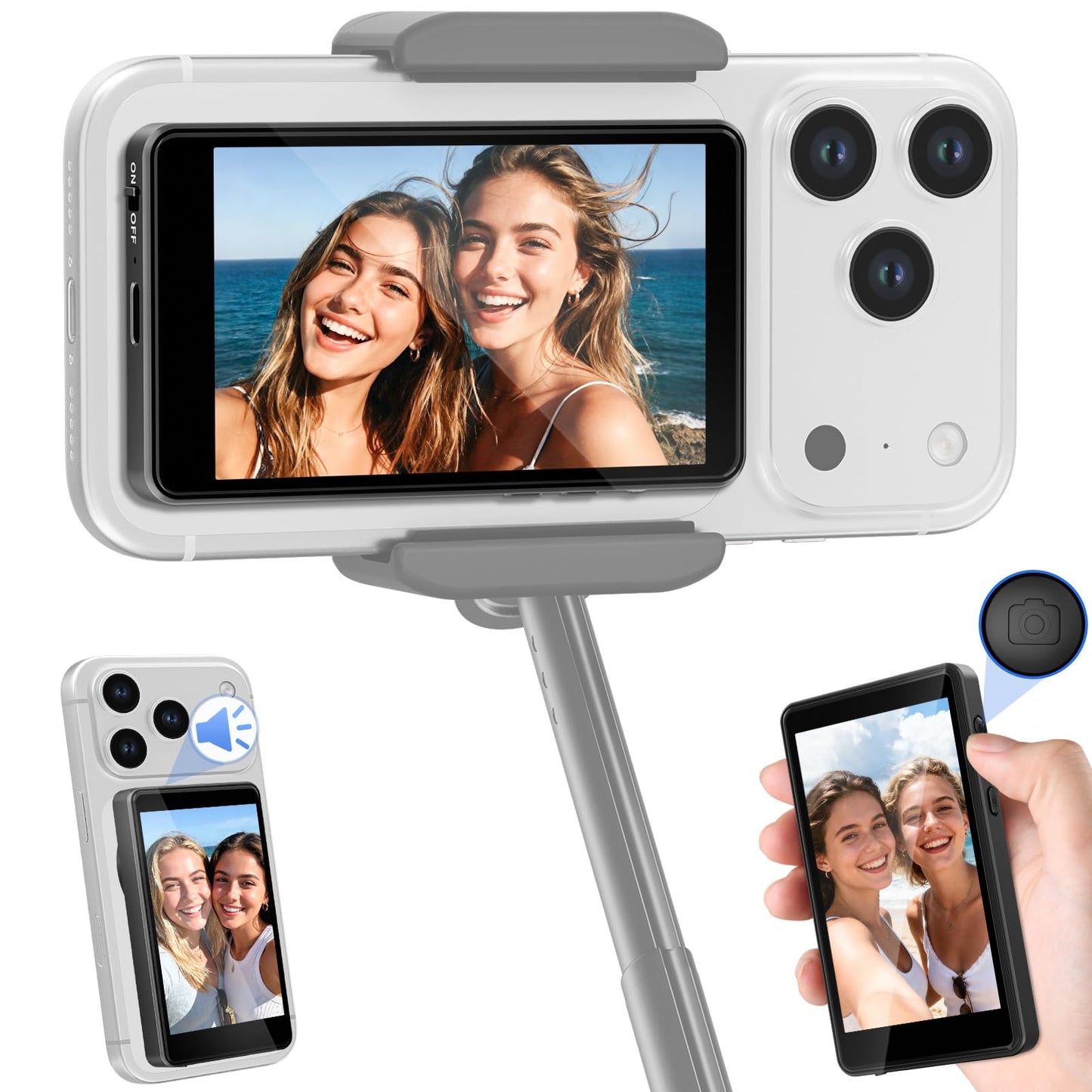 Selfie Monitor Screen iPhone, Magnetic Back Camera Monitor iPhone & Android, Wireless Vlog Screen with 164 ft Remote Zoom Shoot, Built-in Speaker