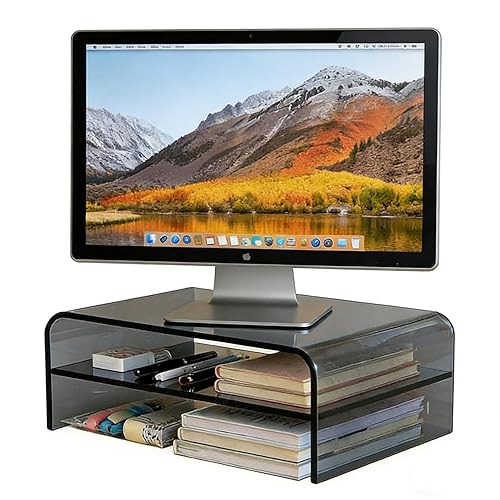 GETCK Clear Acrylic 2-Tier Monitor Stand & Desk Organizer - 16"x9.4"x5.5 H Home Office Riser with Keyboard Storage, Fits PC, Laptop, iMac, Printer, TV