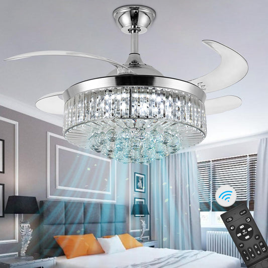 Panghuhu88 36" Invisible Ceiling Fan Chandelier Light,Modern Crystal Ceiling Fan Light Remote Control 4 Retractable ABS Blades for Bedroom Living Room