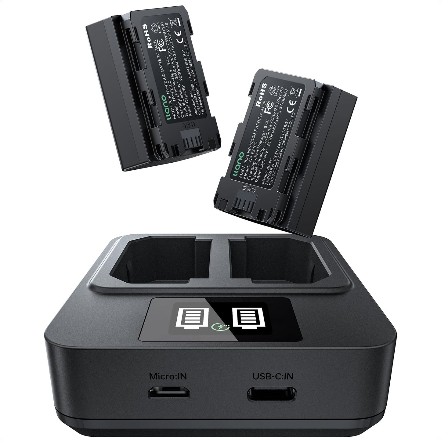 llano NP-FZ100 Battery 2-Pack with 20W USB-C Fast Dual Charger for Sony A7III A7IV A7C A7CII A7RV A7RIII A7RIV A6700 A6600 FX3 FX30 ZV-E1 ZV-E10 II A9