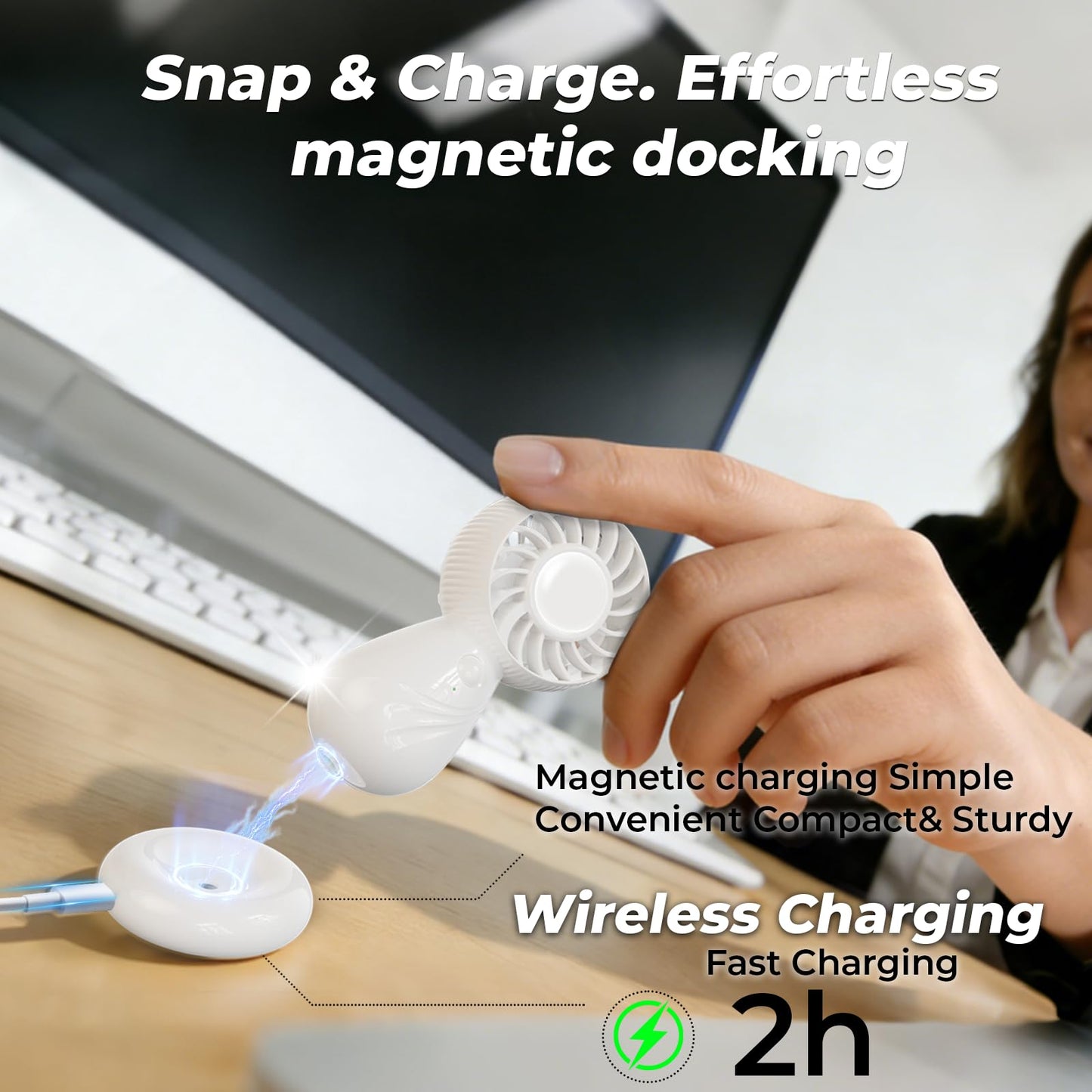 LAMJIE Portable Desktop Fan, Magnetic Rechargeable Mini Fan with 3 Speeds, Touch Control, Super Compact Appearance Design, 1800mAh Battery, USB