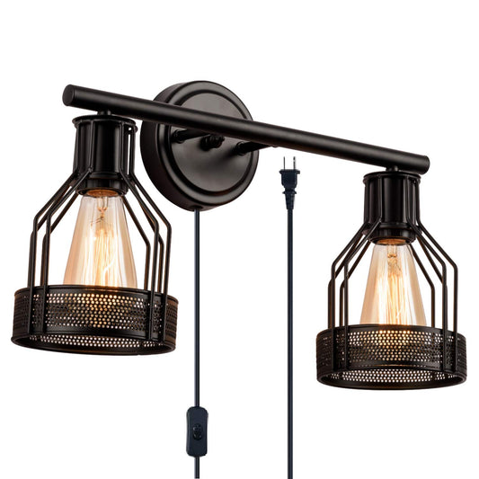 Industrial Bathroom Vanity Light 2 Lights Retro Cage Wall Sconce with Cord Metal Shade Vintage Wall Lights Fixtures for Indoor Home Dressing Table