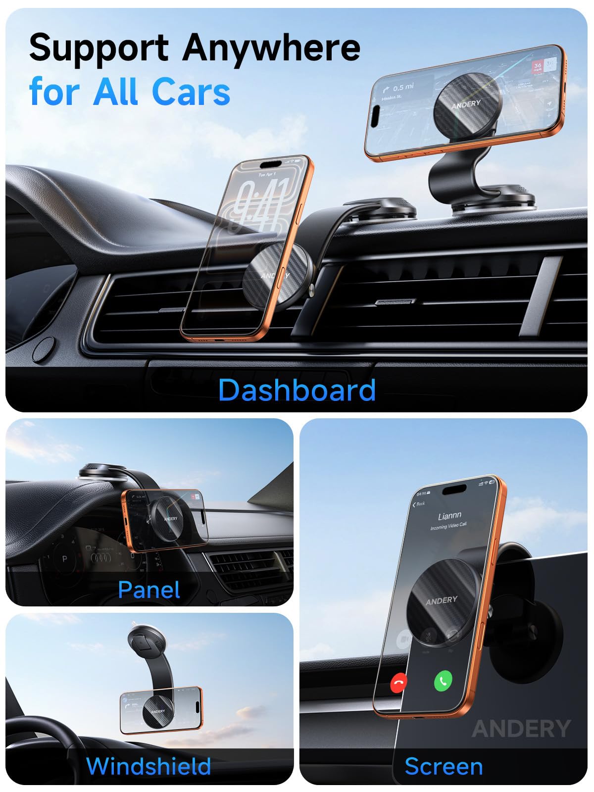 ANDERY Car Phone Holder for MagSafe [360° Adjustable Memory Alloy Arm | 2400gf Strongest Magnetic Power] Bendable Car Mount, Phone Holders for Your