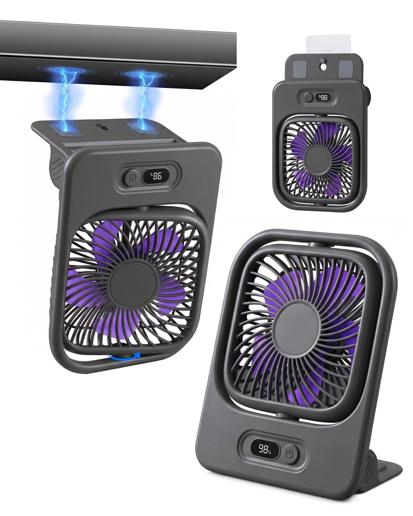 WISFISSH 3-in-1 Mount Ultra Thin Magnetic Fan with LED Display, Portable Foldable Cruise Travel Desk Fan, 4 SPeed Rechargeable wall Fan for Kitchen