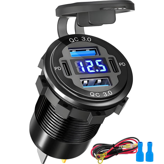 12 Volt USB Charger, 12v USB 4-Port Aluminum Alloy USB C Outlet with LED Voltmeter,Dual PD3.0 & QC3.0 for 12/24V Car Golf Cart Boat Marine Bus Truck