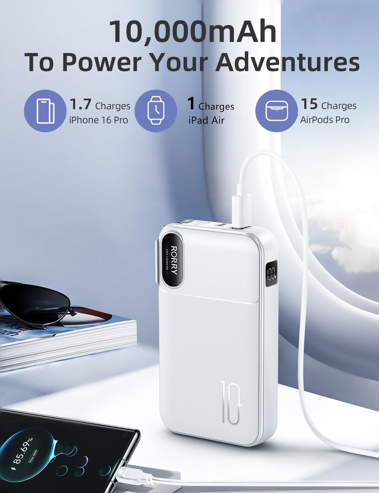 RORRY Portable Charger Built in Cables, AC Wall Plug In Portable Charger Power Bank 10000mAh Travel Battery Pack 22.5W Fast Charging for iPhone
