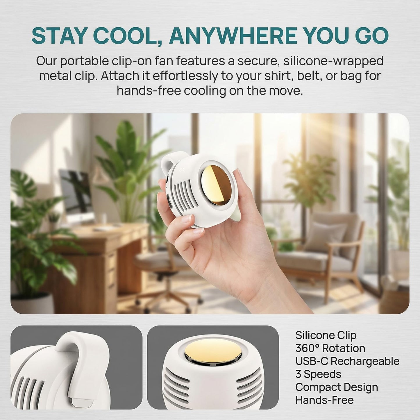 OWEVBU 360° Rotatable Portable Mini Clip on Fan - 2026 New Small Fan Clip-on for Shirt & Waist, Adjustable 3-Speed Suspended Whirlwind Fans, Summer