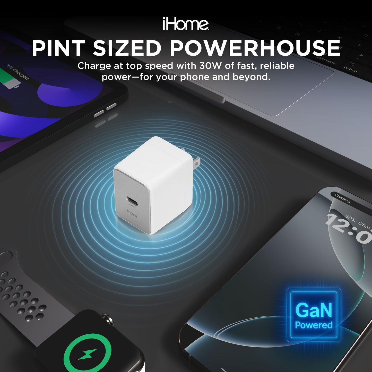iHome GaN Universal USB-C Charger Block, Power Delivery, Folding Prongs, Compact Travel Design for Phones, Tablets & USB-C Devices (White, 30W)