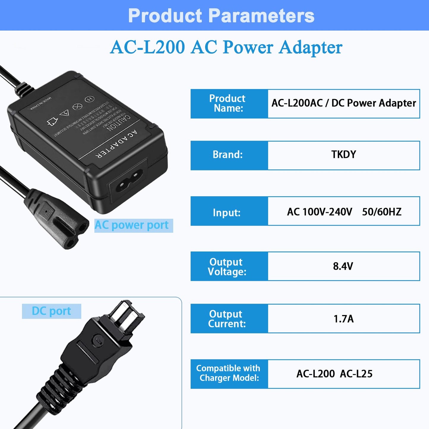 TKDY AC-L200 Charger for Sony Handycam Camcorder, Compatible with DCR-DVD DCR-HC DCR-SR DCR-SX, HDR-CX HDR-HC HDR-PJ HDR-SR HDR-XR HDR-UX HDR-TD