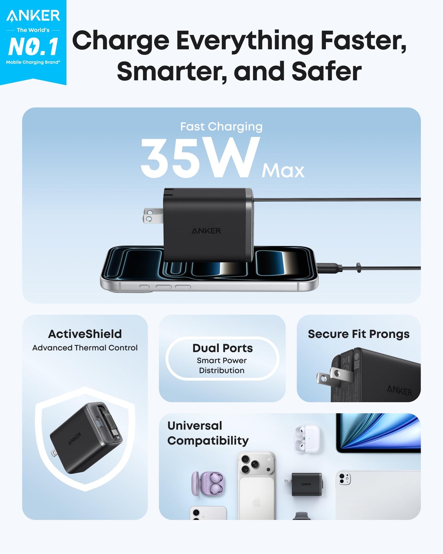 Anker Nano USB C Charger Block, 35W Max 2-Port High-Speed Compact Charger with Durable Built-in Anker InstaCord Retractable Cable, Works with iPhone