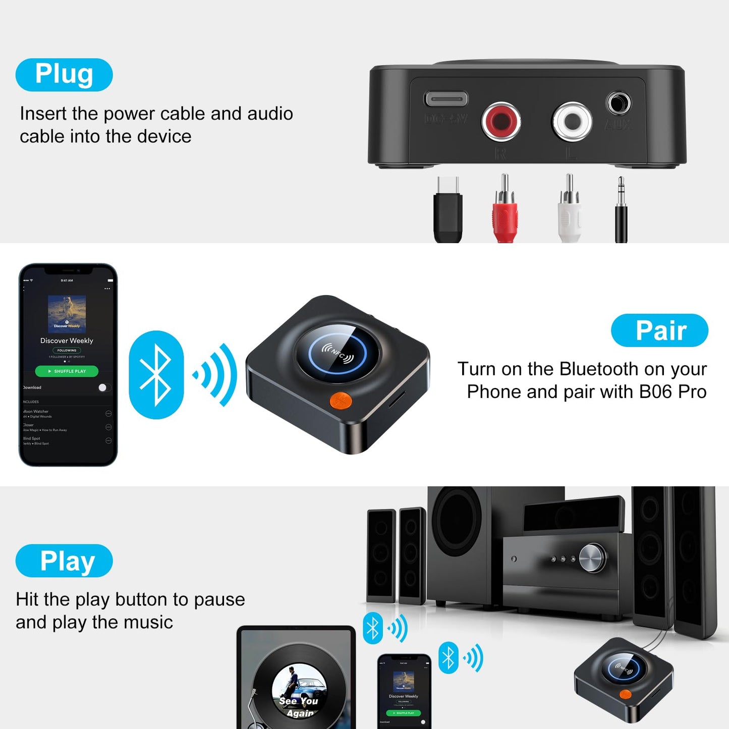 eppfun Bluetooth 5.3 Receiver for Home Stereo, with NFC, TF Card Slot, 3.5mm AUX/RCA, Wireless Audio Adapter Low Latency for Home Music Streaming