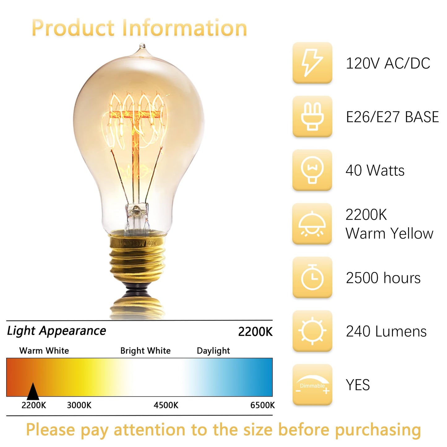 Sevici A19 Incandescent Light Bulbs 40W E26 Dimmable Edison Bulbs 2 Pack
