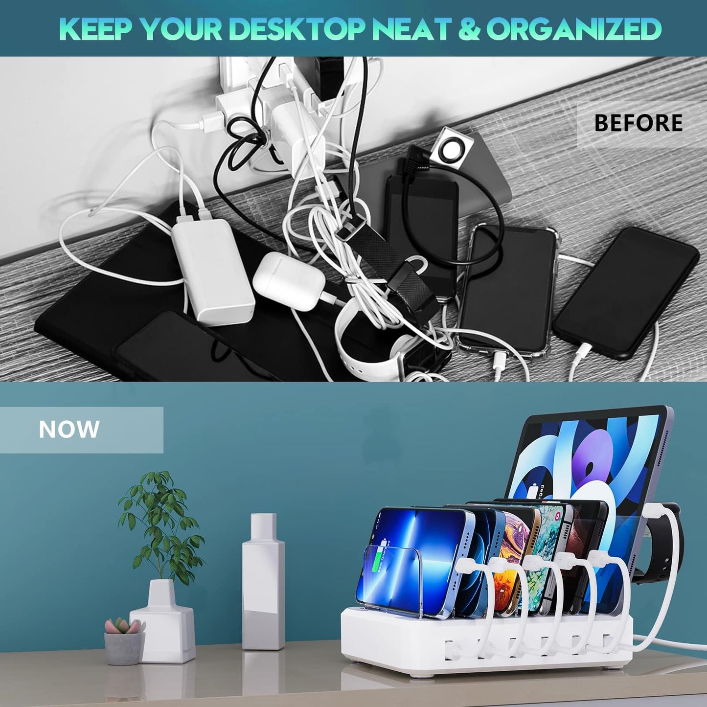 Charging Station for Multiple Devices,60W 6 Port Charger Station with 7 Mixed Charging Cables,USB Charging Dock,Compatible with Cellphone,Tablet