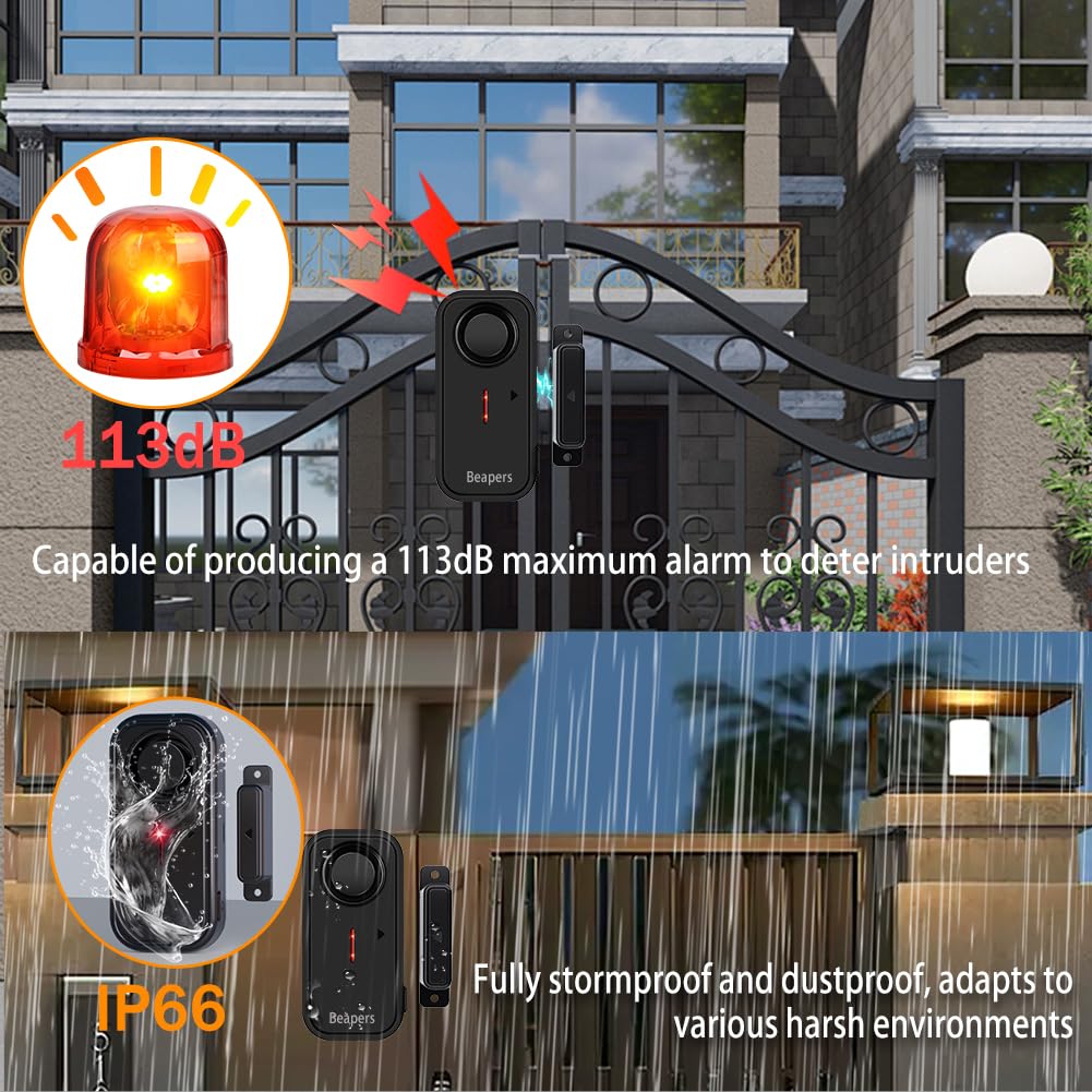 Personal Security Waterproof Door/Window Alarm - IP66 Waterproof with Remote Control, 113dB, Alarm/Doorbell Mode, Upgraded door gap spacing