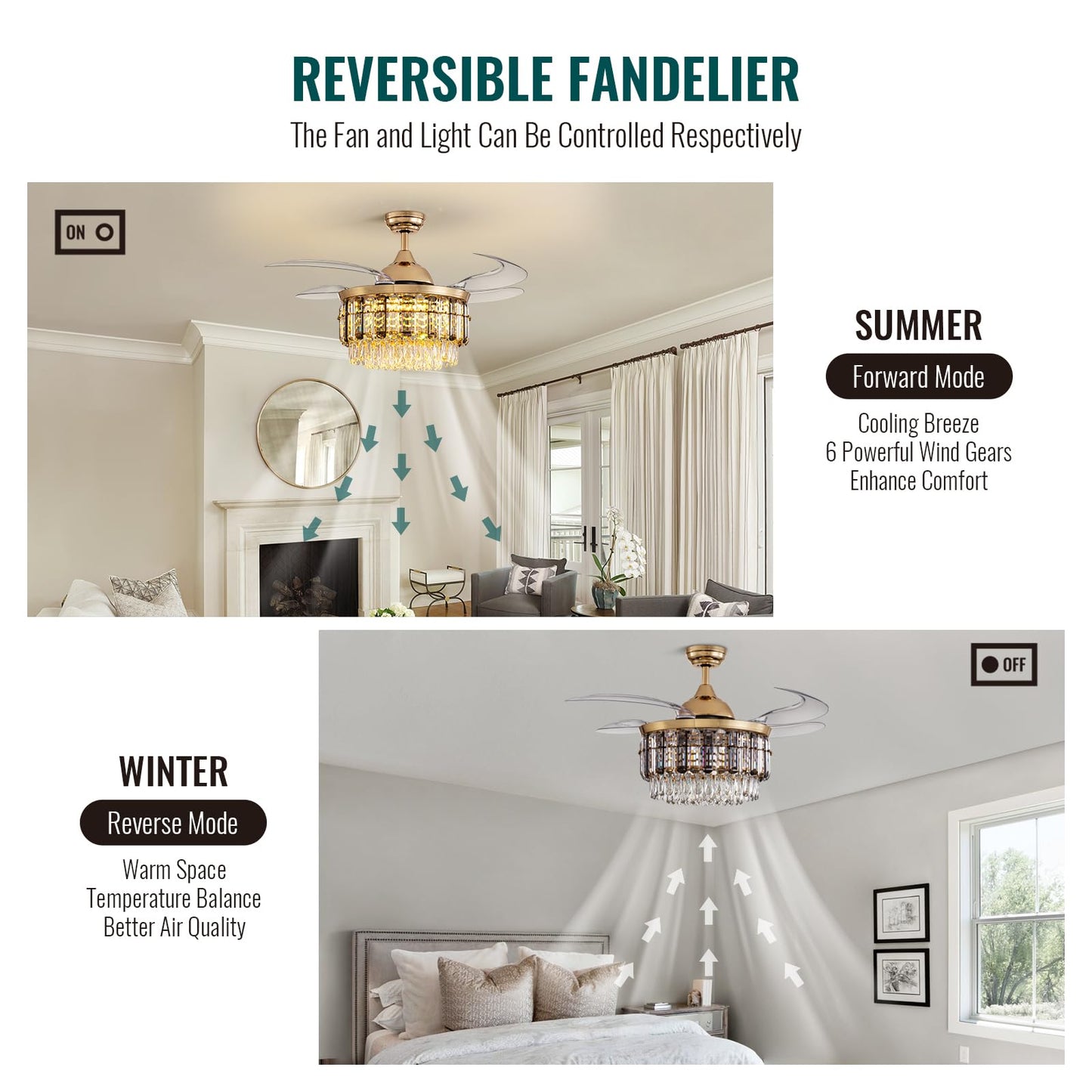Siljoy 48 Inch Crystal Ceiling Fan with Light, Retractable Ceiling Fan with Lights Chandelier Fan, 6 Speeds, Dimmable Rose Gold Crystal Fandelier