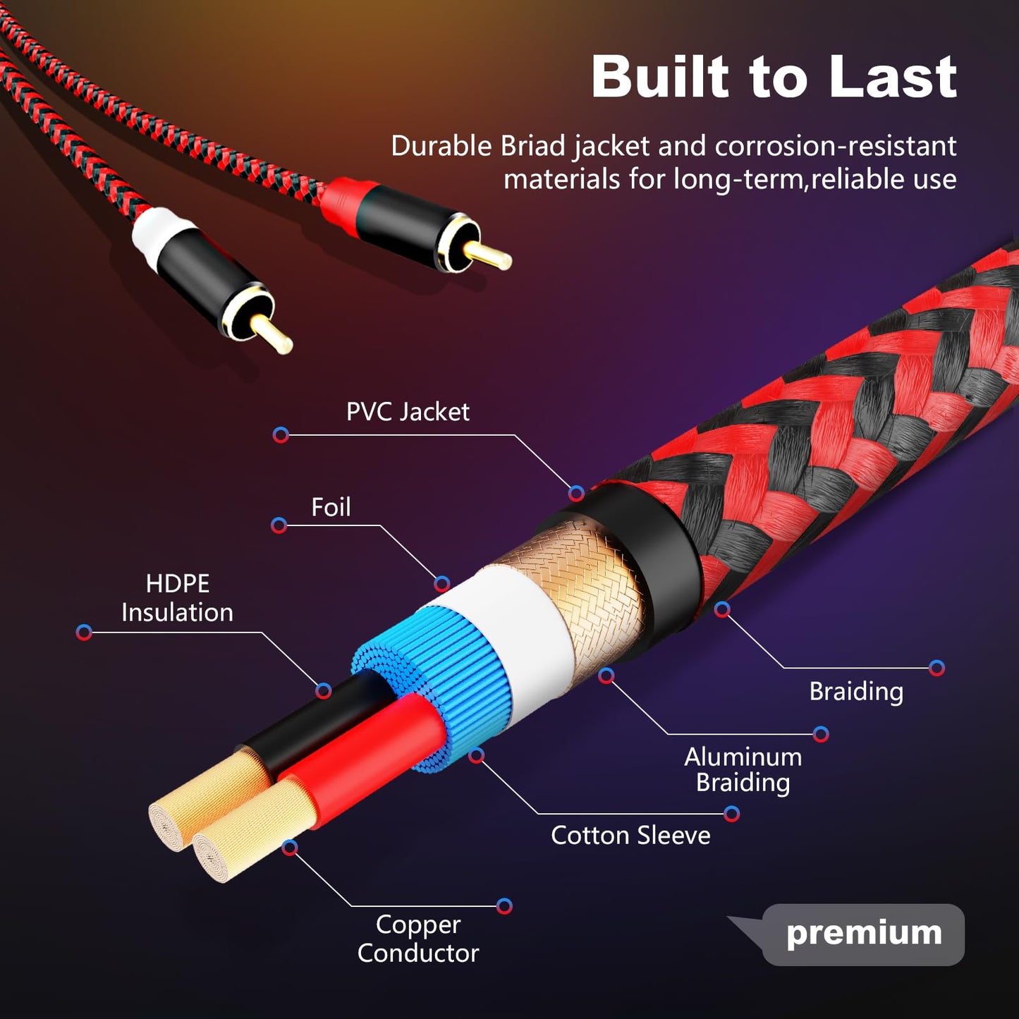 RCA Cable 3Ft,2Rca Male to 2-Rca Male Audio Stereo Subwoofer Cable [Hi-Fi Sound] Nylon-Braided Auxiliary Audio Cord for Home Theater, HDTV