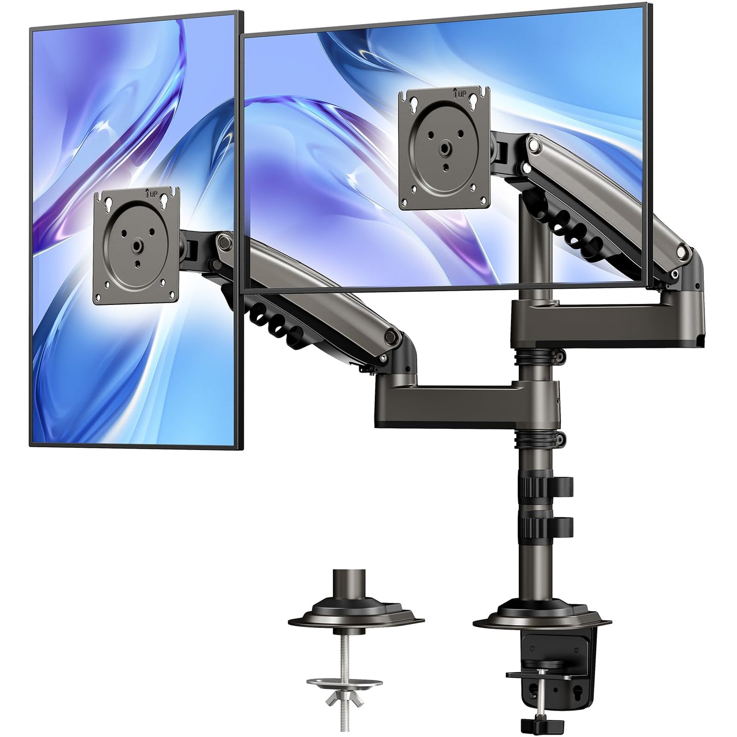 HUANUO 17-32 Inch Dual Monitor Stand, Vertical Dual Monitor Mount, Monitor Stand 2 Monitors, Ergonomic Adjustable Tilt/Swivel/Rotate, Weight Max 19.8