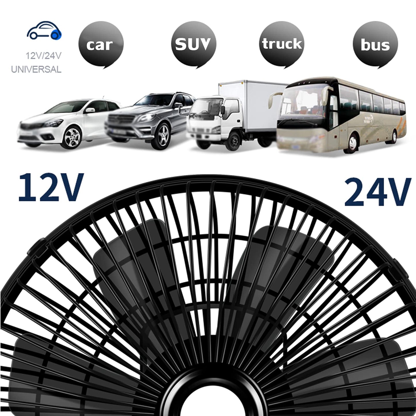 HORV Electric Air Fan -12V / 24V Car Oscillating Fan -8 inch Portable Vehicle Fan - Auto Camper Fan - 2 Speed Airflow Desk Fans with Clip