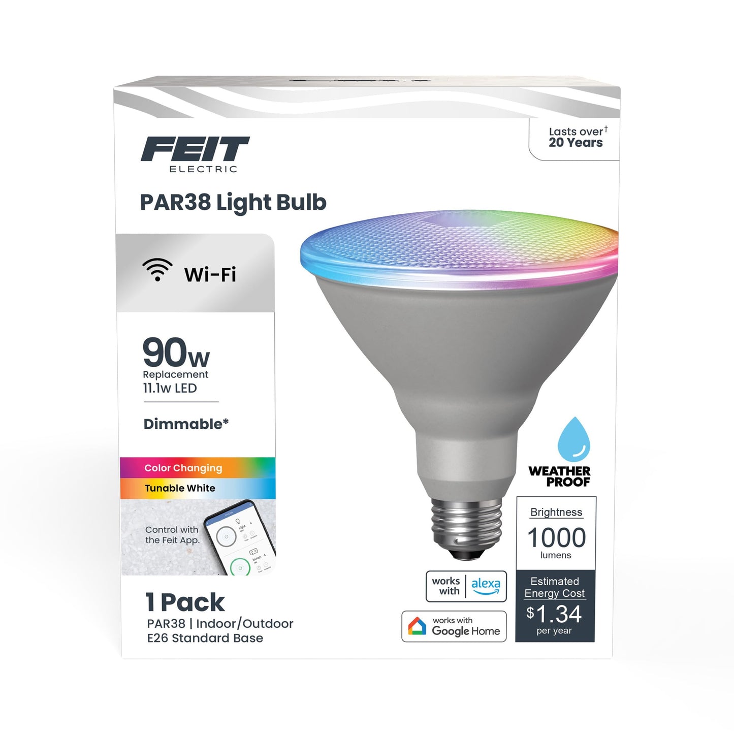Feit Electric PAR38 LED Smart LED Light Bulb, 90W Eq, RGB Color Changing