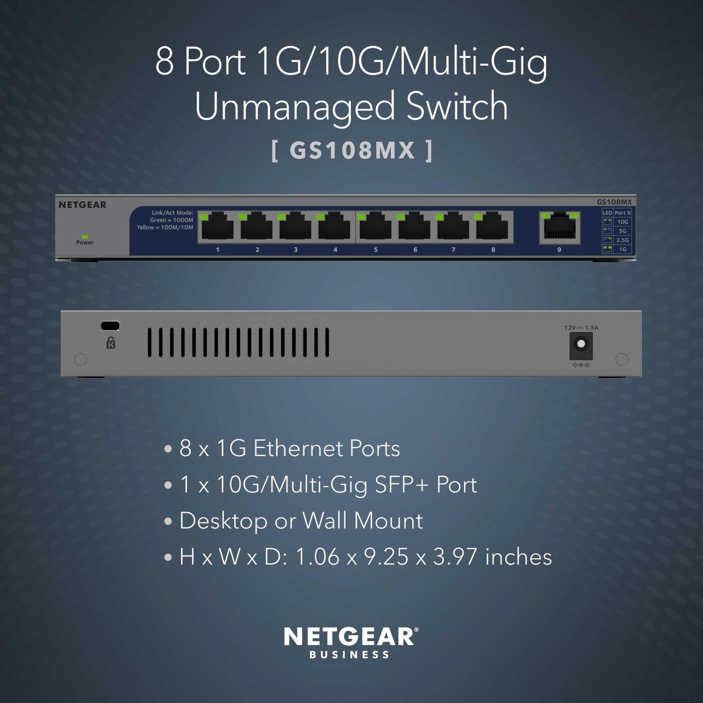NETGEAR 8-Port 1G/10G Multi-Gigabit Ethernet Unmanaged Switch (GS108MX) - with 1 x 10G/Multi-gig RJ-45 Ethernet Uplink, Desktop or Wall Mount