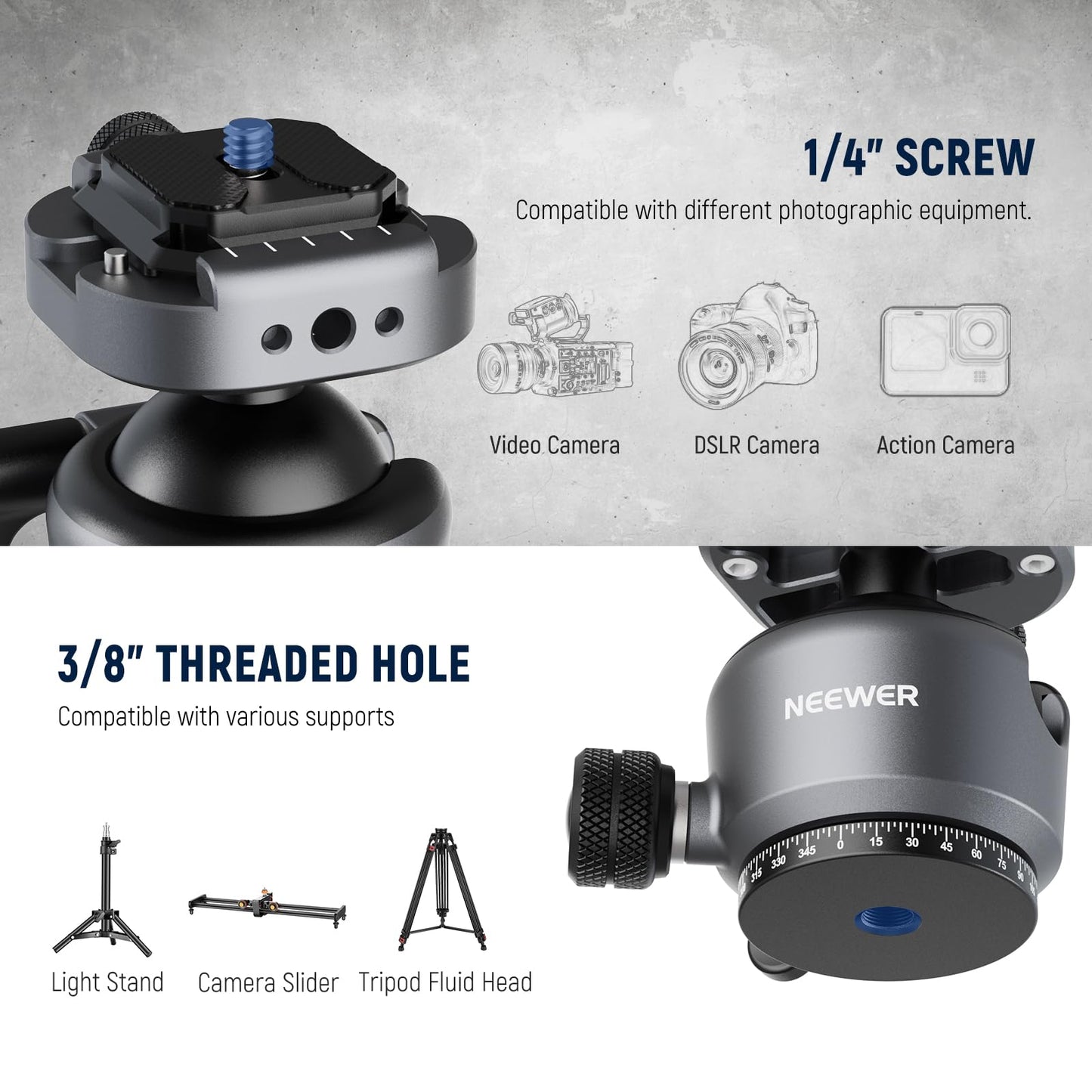 NEEWER GM41 Low Profile Tripod Ball Head, 40mm Metal Panoramic Camera Mount Adapter with 1/4" Arca Type QR Plate Compatible with PD, 360° Swivel & 90°