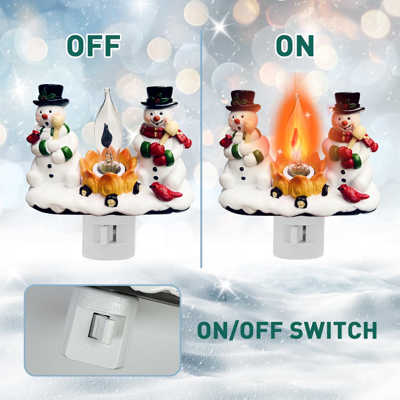 Christmas Decorations?Snowman Campfire Night Light?4 Inch Resin Rotating Plug Christmas Night Light with Flame Flicker Effect, Suitable for Children's