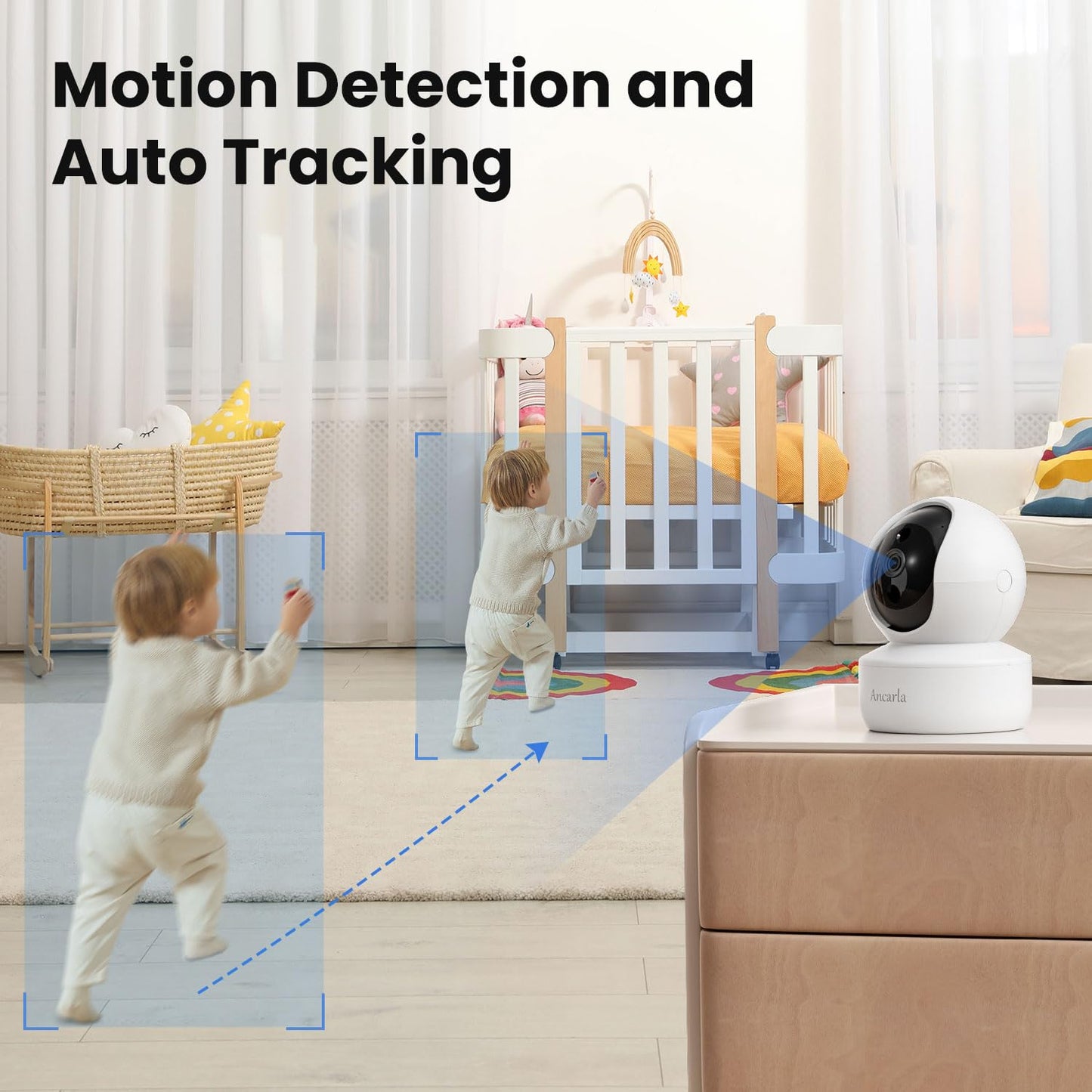 ANCARLA Security Camera Indoor, Cameras for Home Security Indoor, 360° Pan&Tilt, Pet/Dog/Baby Camera with Phone App, Motion Detection and Tracking