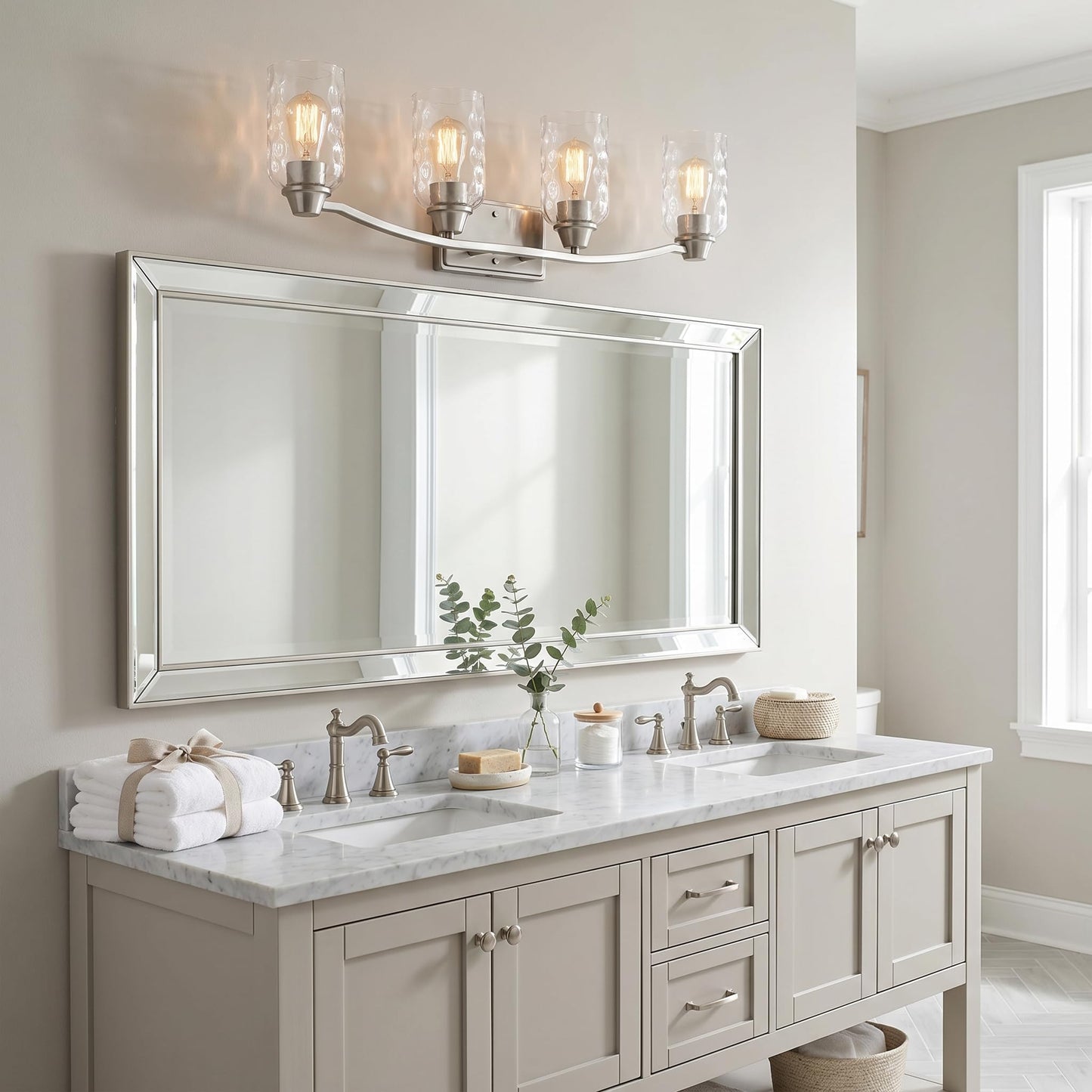 Quoizel Acacia 4-Light Brushed Nickel Vanity Light with Dappled Clear Water Glass, Transitional Style Wall Light for Bathroom or Powder Room